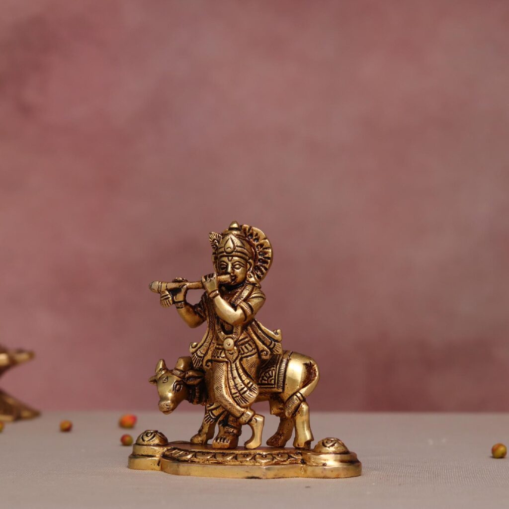 Brass krishna idol with cow height 4.2 inch